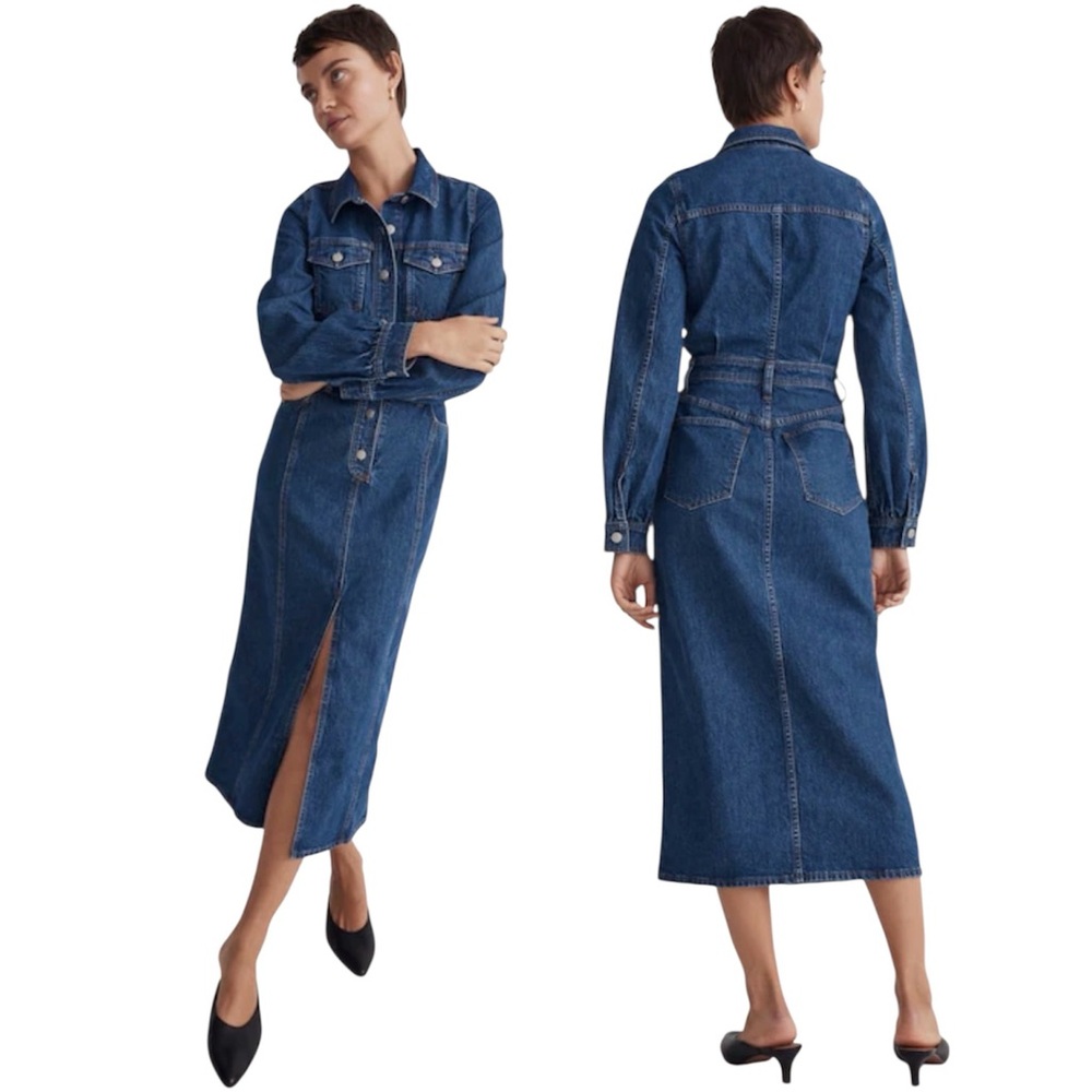 Madewell Denim Long Sleeve Dress Size 0 Blue Wash Midi Front Slit Button Western